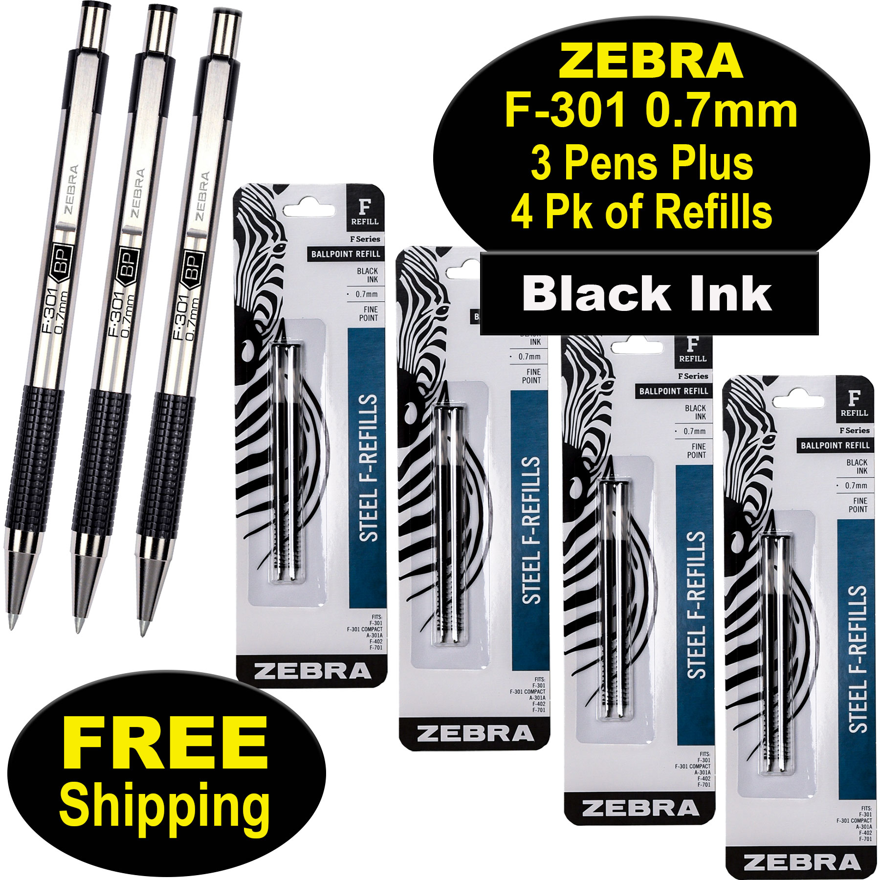 Zebra F-301 Compact Ballpoint Pen – Stainless Steel Retractable, Fine Point (0.7mm), 2-Pack