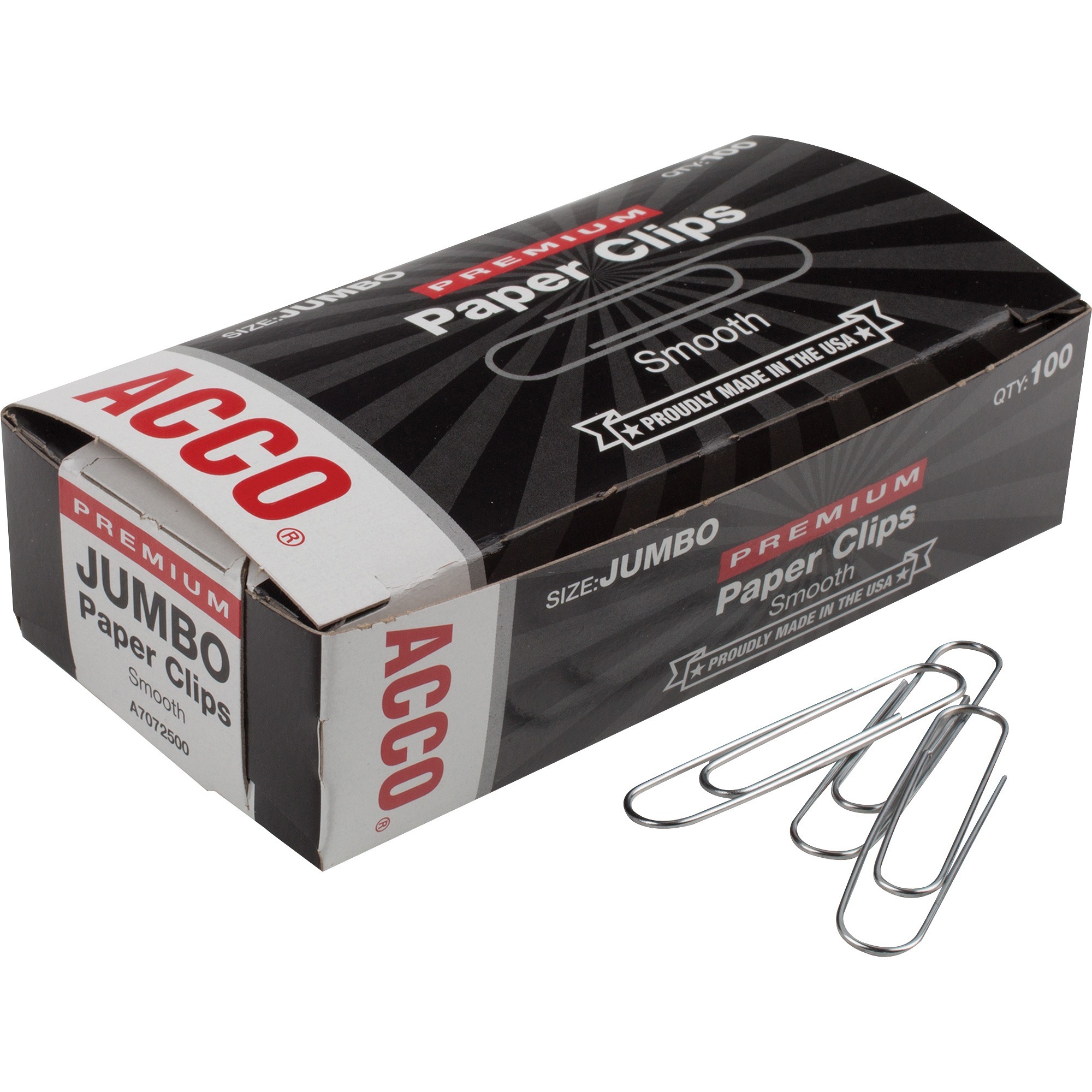 Acco 72500 Premium Jumbo Paper Clips, .045 Gauge, Smooth, Box of