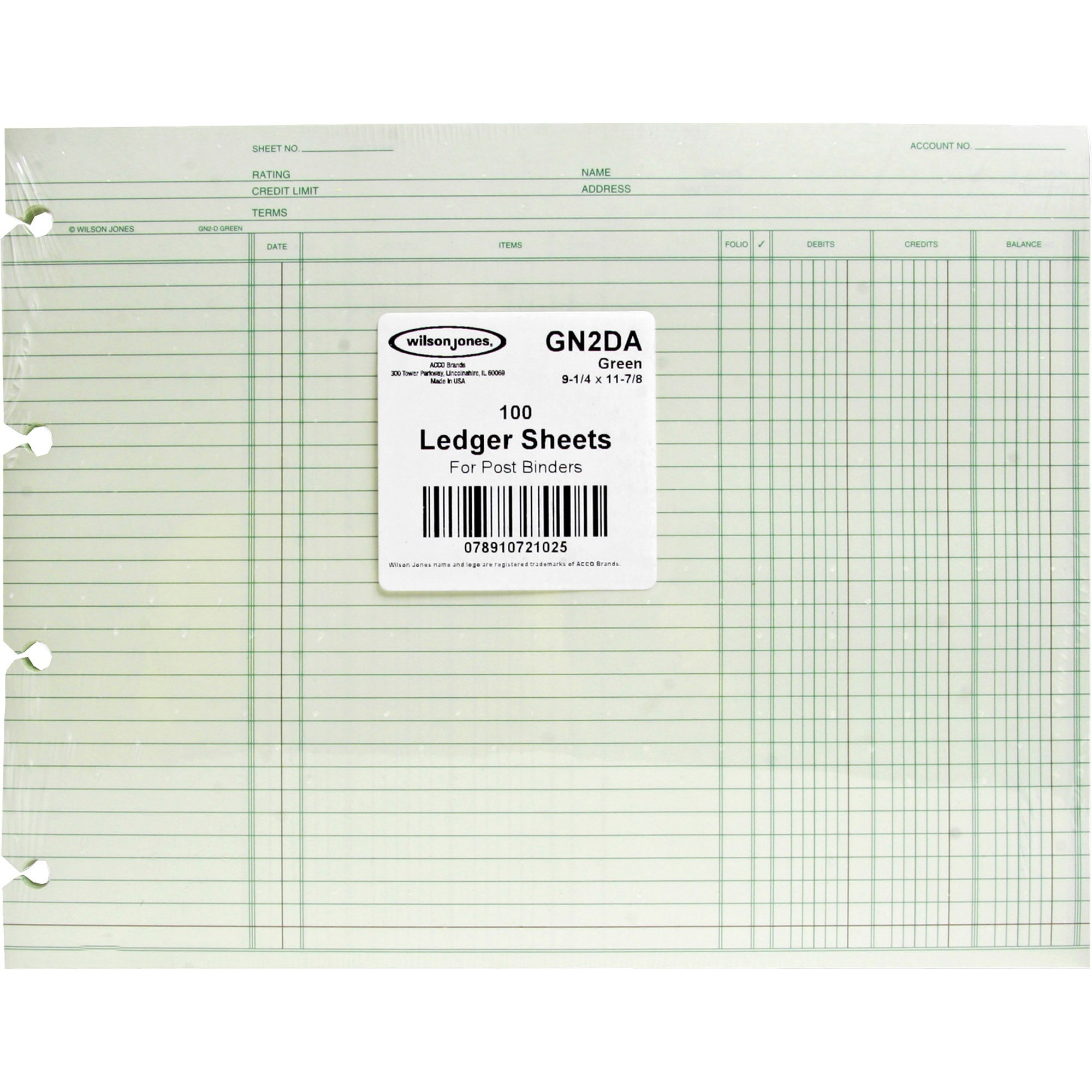 Wilson Jones GN2-D GN2D Green Ledger Sheets For Post Binders, 9-1