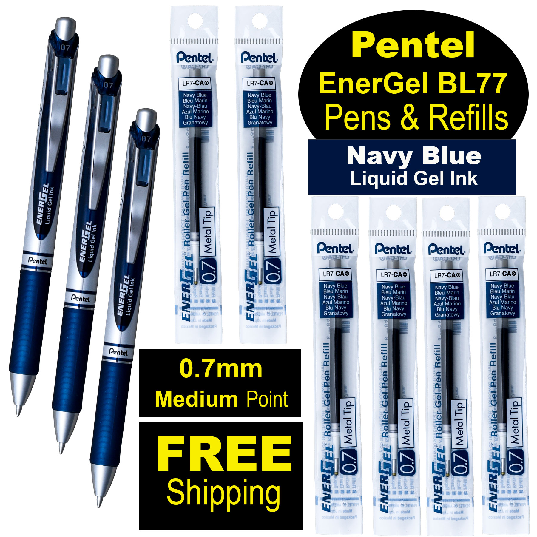 Pentel EnerGel RTX BL77-CA 0.7mm Navy Blue Gel Ink Rollerball Pens