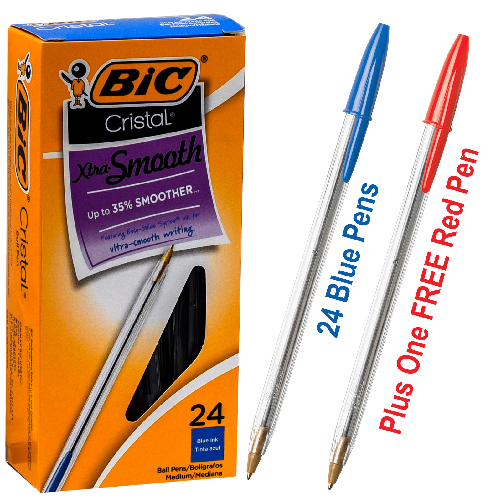 BIC Cristal MS24 19716 Xtra Smooth, 24 Blue Pens Plus