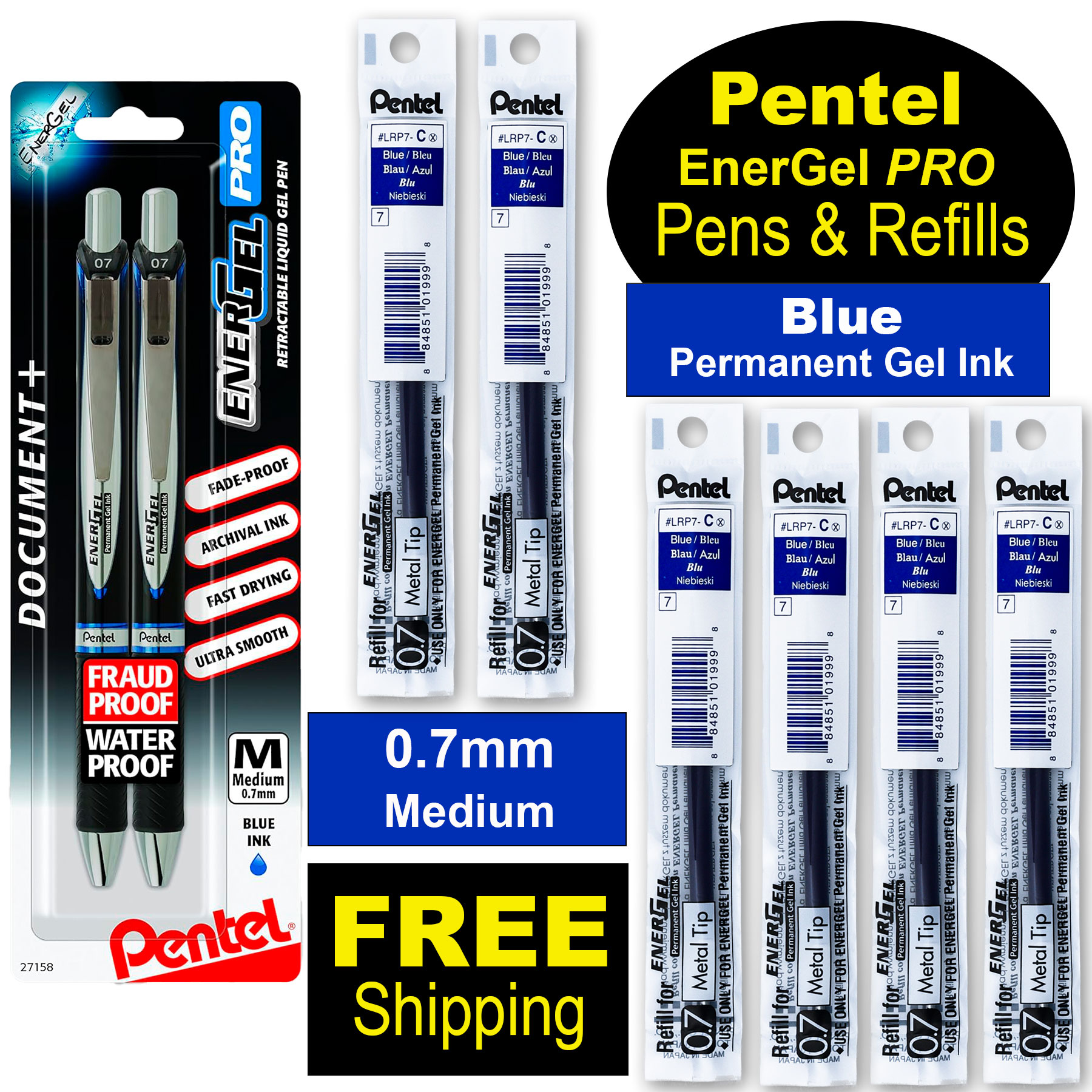 Pentel EnerGel Document Gel-Tintenroller – 2 Stück, Schwarz, Dokumentenecht, Wasserfest, ISO-zertifiziert