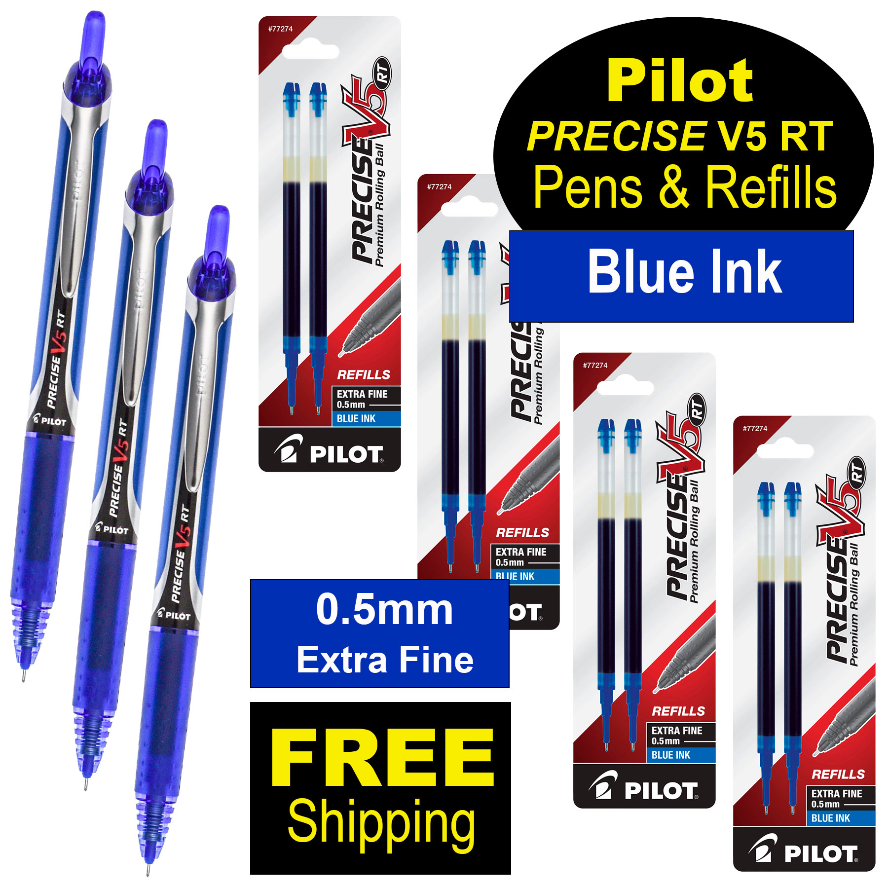 Pilot Precise V5 RT 26063 Pens & Refills, Blue Ink, 0.5mm Extra