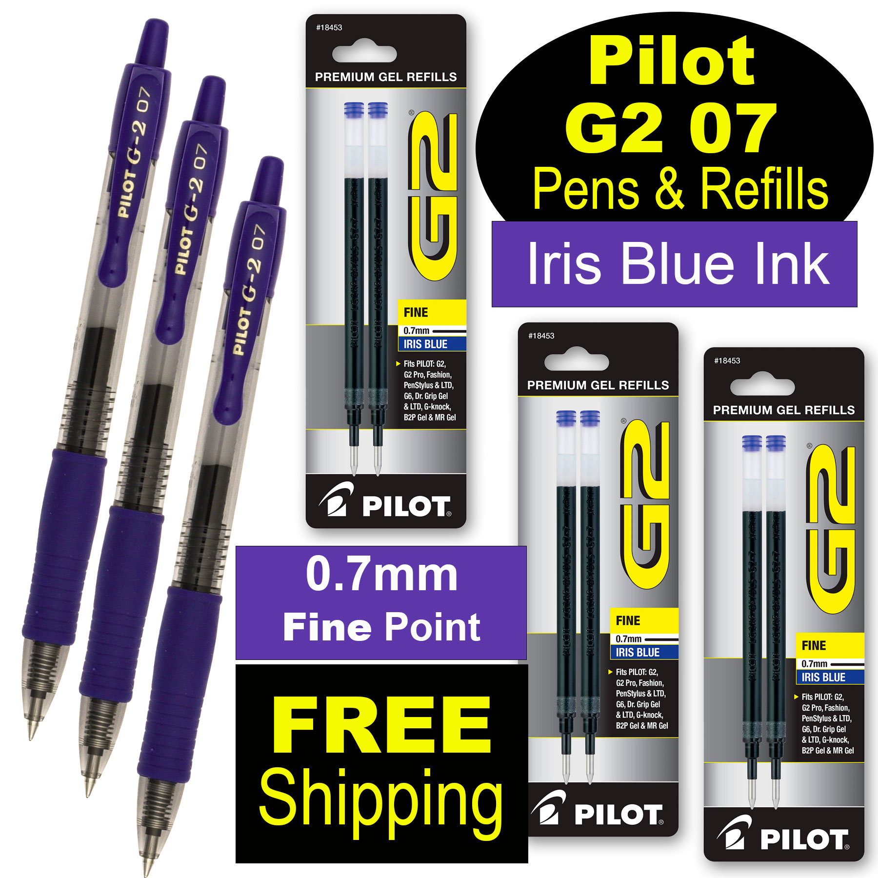 Pilot G2 07 Pens 18364 Refills 18453, Iris Blue Gel Ink