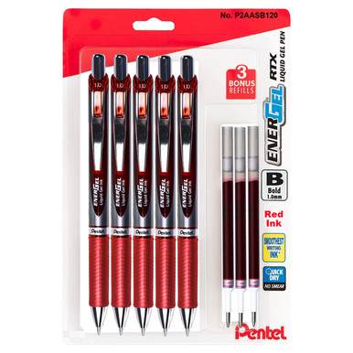 Pentel EnerGel BL80-B Red Gel Ink Rollerball Pens, 1.0mm Bold, 5 Pens with  3 Refills