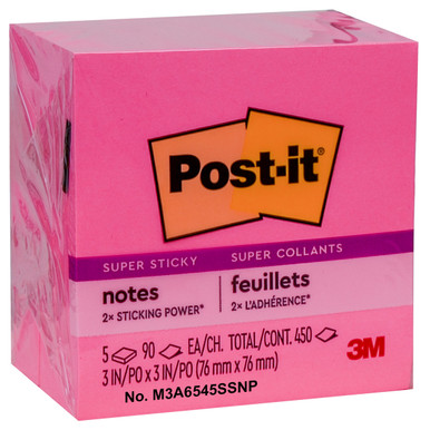 Feuillets super collants 654-5SSNP Post-it®, rose tropical, 76 mm x 76 mm  (3 po x 3 po), 5 blocs/paquet, 90 feuillets/bloc