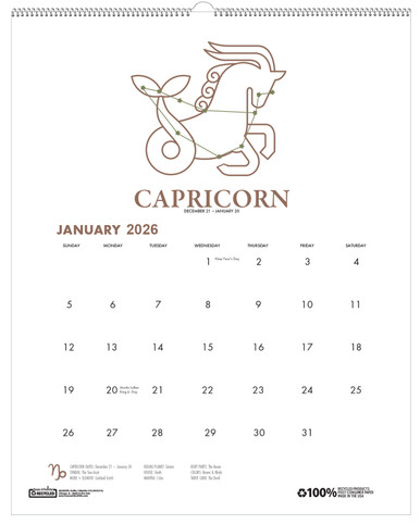 2026 Zodiac Calendar 318 HOD318, Monthly Wall Calendar
