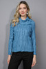 Picadilly Celestial Blue Scale Textured Spilt Collar Long Sleeve Top