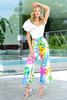 Robell White Tropical Floral Melly Wide Leg Satin Pull On Pant