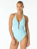 Carmen Marc Valvo Silver Front Bead Plunge One Piece Swimsuit