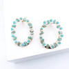 Oval Floral Hoop Blue Jeweled Earrings Flower Beads