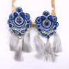 Triple Tassels Extra Long Embellished Dangle Earrings silver royal blue