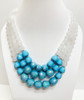 Iridescent Turquoise and Frosted White Beads 3 Strand Necklace and Earrings Set