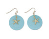 Periwinkle Aqua Sea Glass Disc With Gold Starfish Charm Earrings