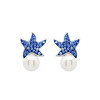 Ocean Jewelry Sapphire Crystal Starfish On Pearl Dangle Silver Earrings