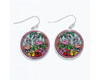 Periwinkle Pink Flamingos in Flower Garden Silver Round Earrings