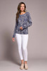 Tribal Sapphire Blue Swirl Floral Printed Cable Crew Neck Sweater