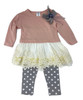 Peaches N Cream Skirted Lace With Flower Pink Top Gray Polk-A-Dot Leggings Girl's Set