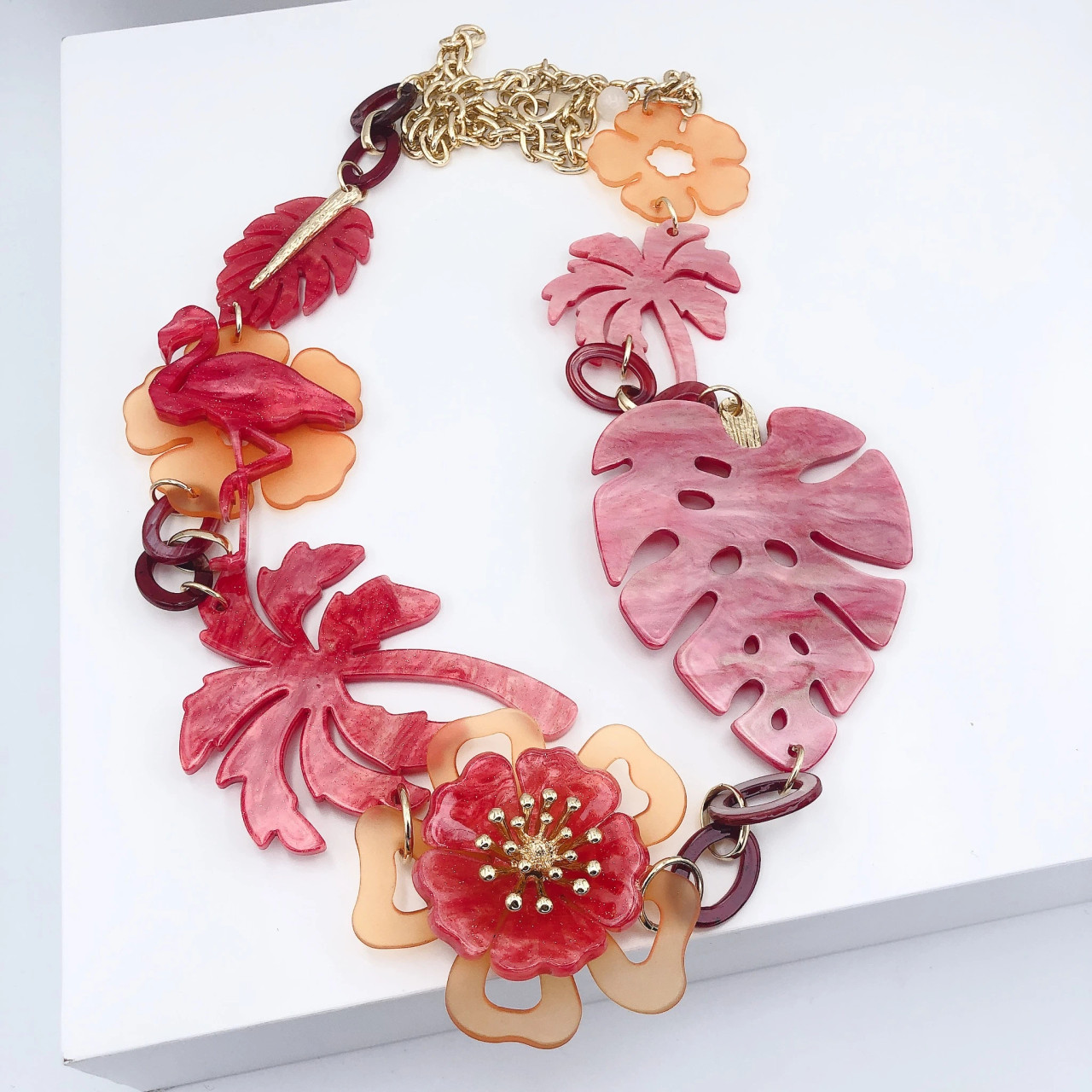 Floral Statement Necklace - Orange, Pink, and Red Pink & Orange Sari Statement Necklace, Silk Ribbon Boho  main image 3