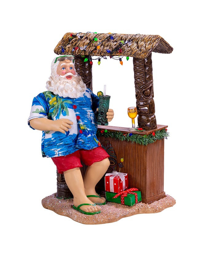 Fabriché™ Beach Santa Figurine Sitting At A Tiki Bar With