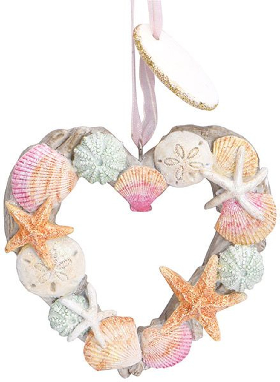 SeaShell Wooden Heart with Wings Ornament (Choose Color)