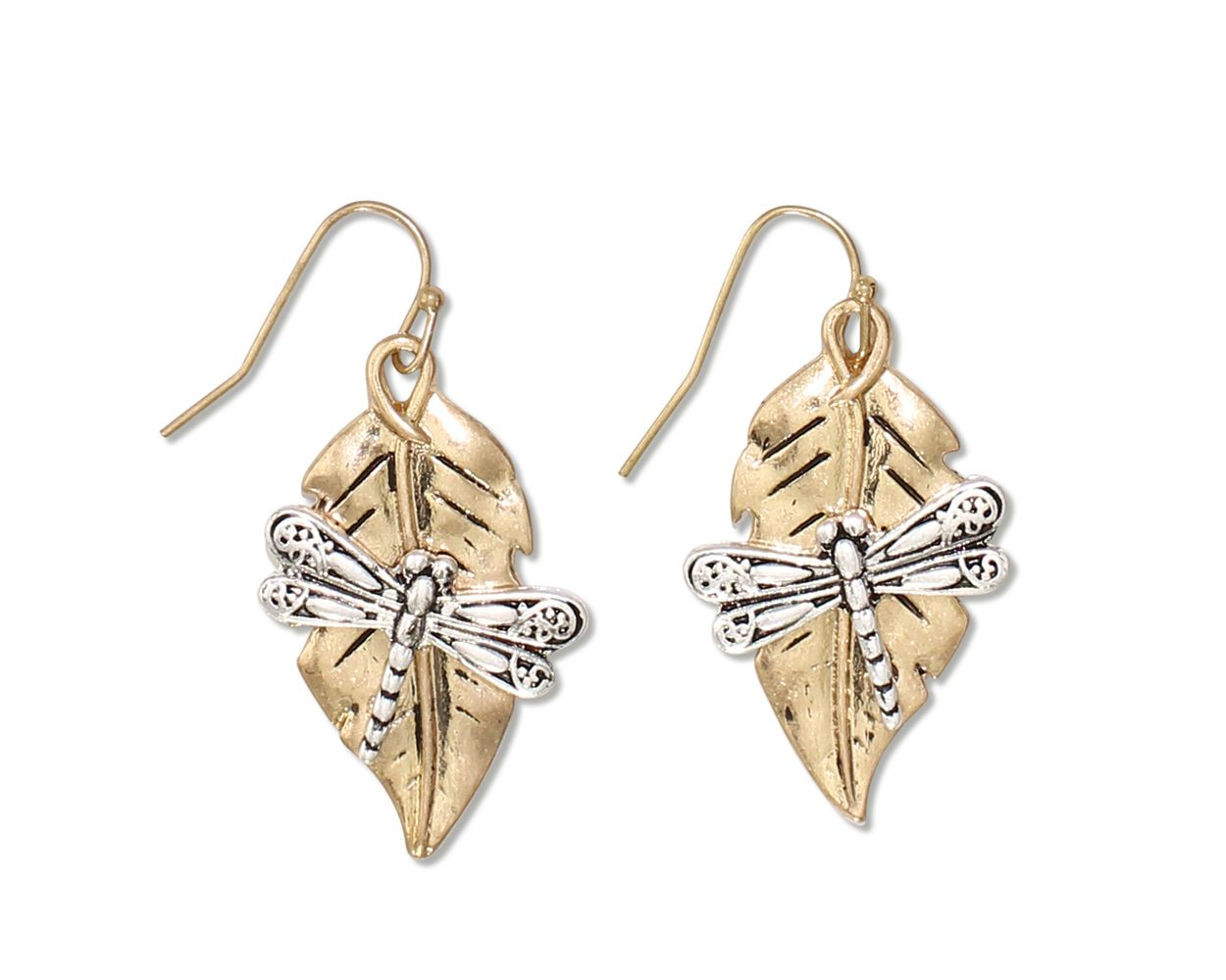 Periwinkle Dragonfly On Gold Leaf Dangle Earrings Beach House