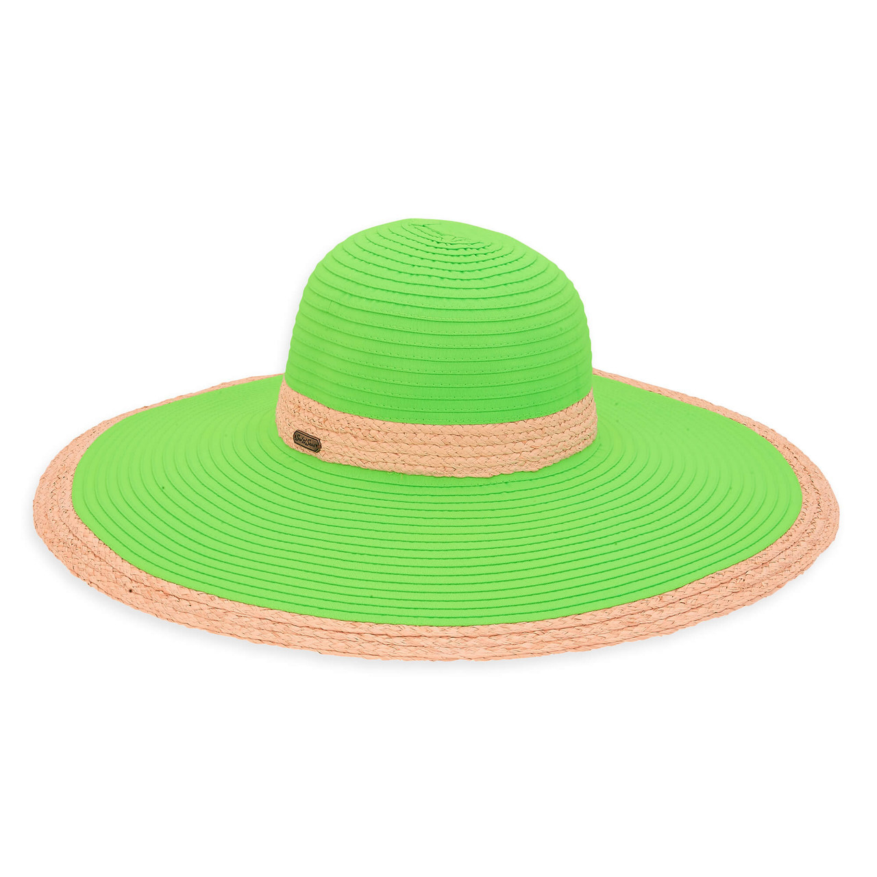Sun N Sand Raffia Trim Large Brimmed Hat Neon