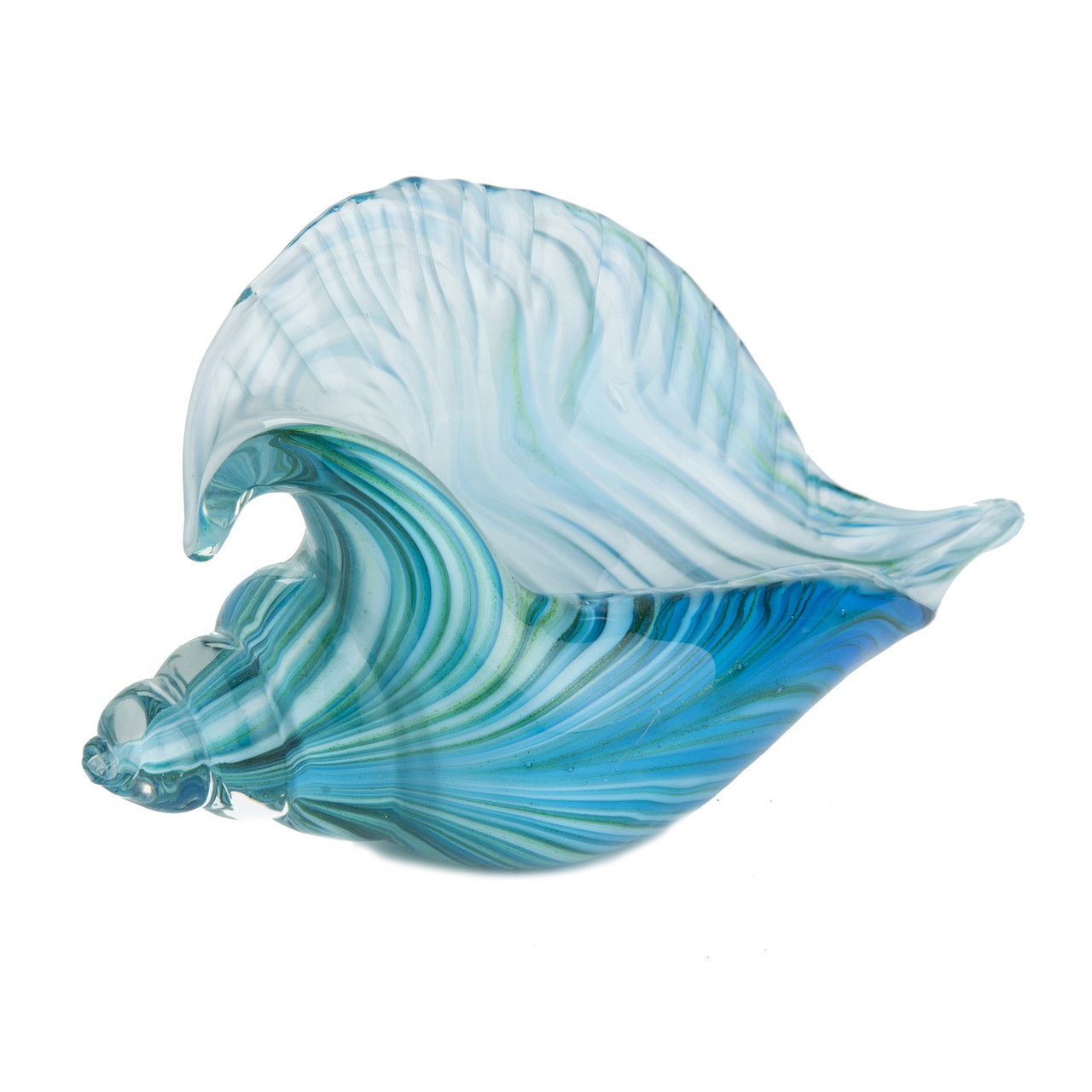 Blue Ribbon Streaks Glass Conch Shell Sculpture - Beach House Gift