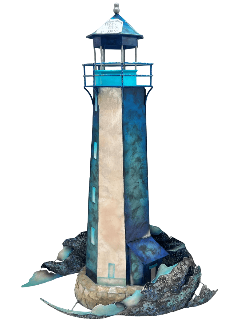Tabletop Capiz Blue Tall Lighthouse On A Rocky Shore Metal Art