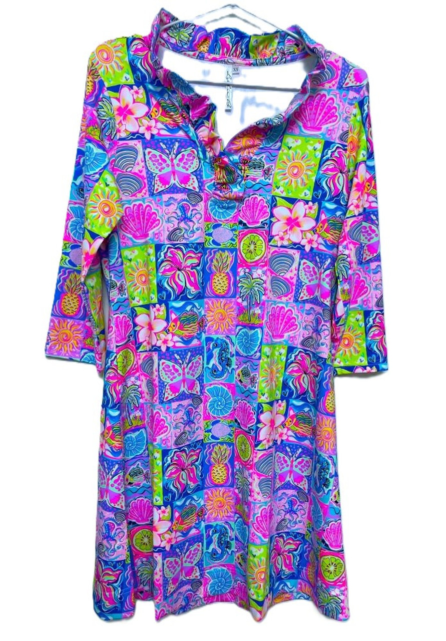 Lulu-B Moma Neon Colorful Tropical Print Ruffle Neckline 3/4