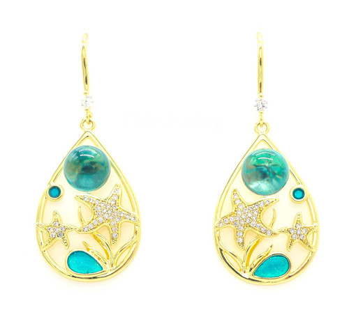 EMV Green Nala Glass Crystal Starfish Teardrop Gold Earrings