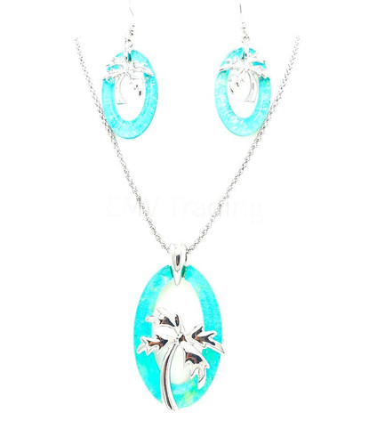 EMV Silver Palm Tree Aqua Shimmer Oval Large Pendant Necklace & Earrings Maile Blessings Set