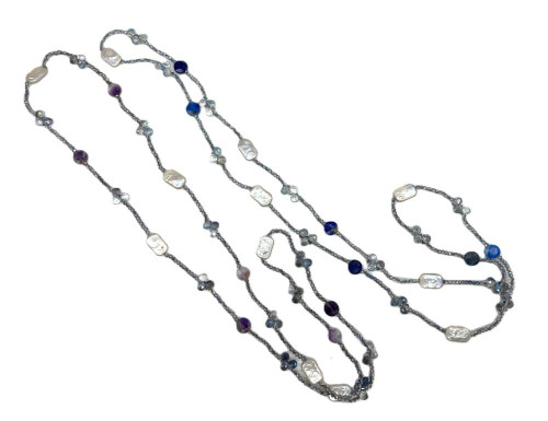 In Style Prehnite Crystal & Square Freshwater Pearls Long Necklace