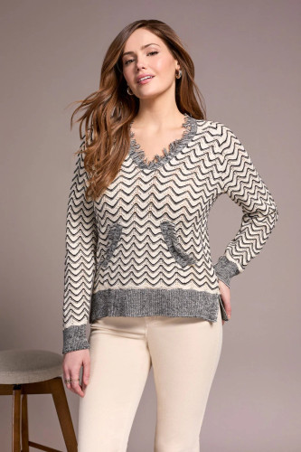 Tribal Black Zig Zag Weave Fringe Trim Hooded Ivory Sweater