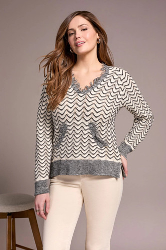 Tribal Black Zig Zag Weave Fringe Trim Hooded Ivory Sweater