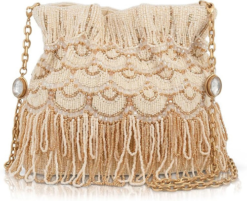 Mary Frances Dance All Night Beaded Fringe Ivory & Gold Crossbody Purse