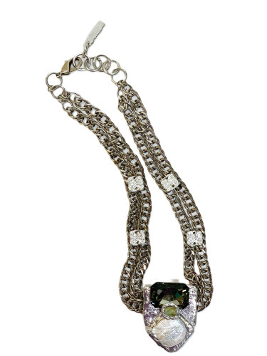 J. Jansen Designs Large Crystal Freshwater Pearl Pendant Silver Double Chain Statement Necklace