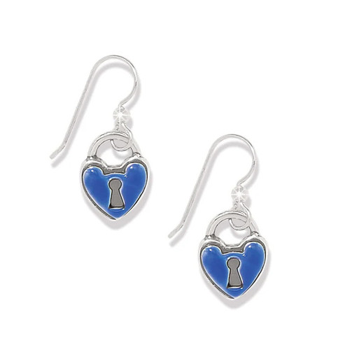 Brighton One Heart Padlock Silver Blue French Wire Dangle Earrings