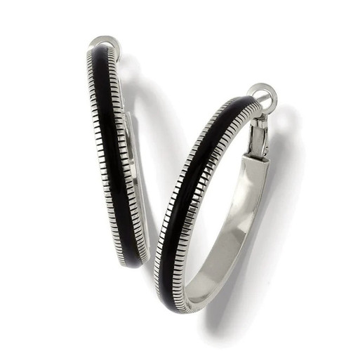 Brighton Interlok Noir Heirloom Large Silver Black Hoop Earrings