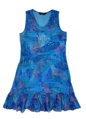Tango Mango Ruffle Hem Blue Print Stretch Lace Sleeveless Dress