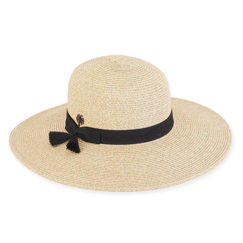 Sun N Sand Palm Tree Emblem Black Tassel Ribbon Trim Straw Sun Hat