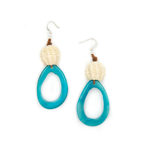 Nora Straw Ball Hoop Earrings Teal