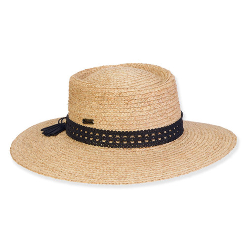 Sun N Sand Natural Raffia Black Trim Women's Brimmed Gambler Hat