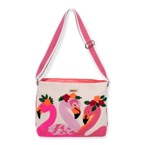 Sun N Sand Embroidered Floral Flamingos Canvas Shoulder Crossbody Purse