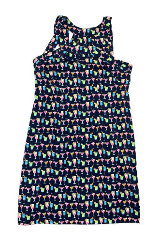 Lulu-B Tropical Drinks Print Strappy Back Navy Sleeveless Dress