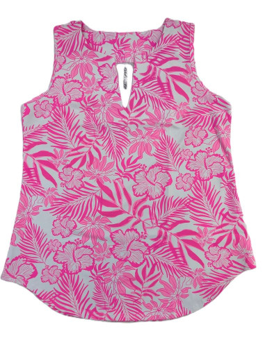 Lulu-B Neon Pink Tropical Floral Print Key Hole Sleeveless Top