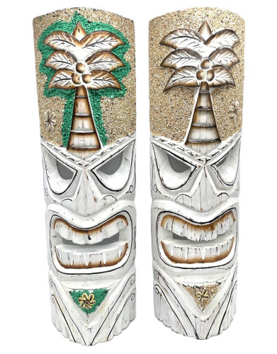 Koppes Carved White Wood Palm Tree Large Tiki Pole Mask With Beach Sand Wall Art Or Tabletop
