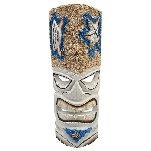 Koppes Carved White Wood Starfish Tiki Pole Mask With Blue Beach Sand Wall Art Or Tabletop