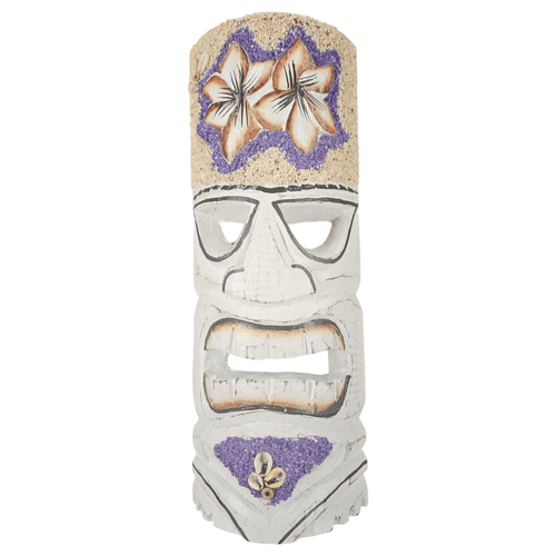 Koppes Carved White Wood Flowers Tiki Pole Mask With Purple Beach Sand Wall Art Or Tabletop