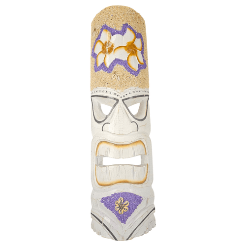 Koppes Carved White Wood Flowers Large Tiki Pole Mask With Purple Beach Sand Wall Art Or Tabletop